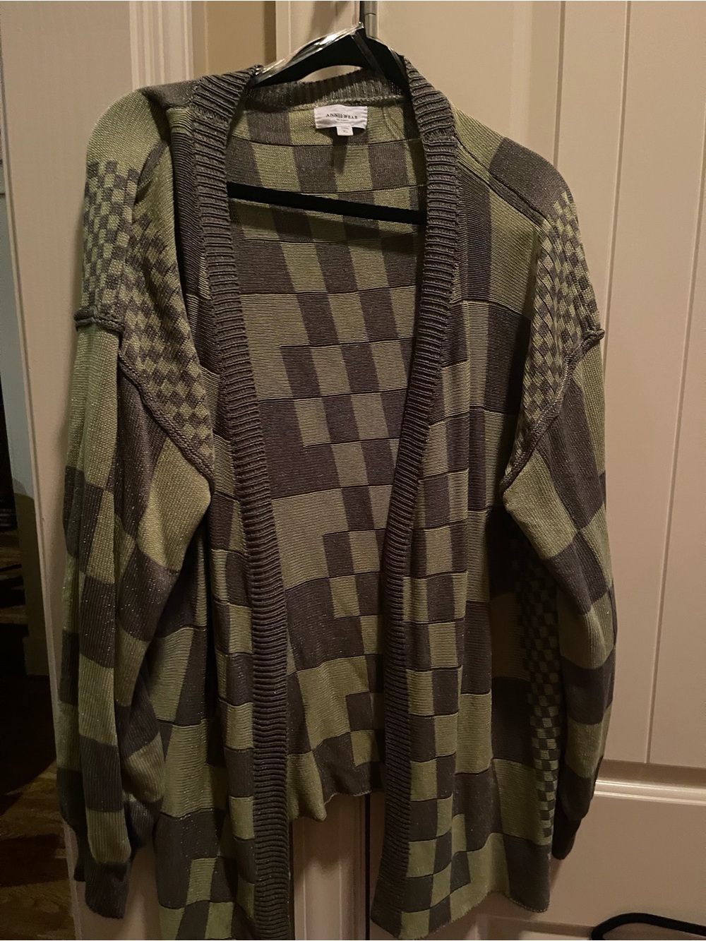 Annie Open-Front Checked Cardigan in Olive Green and Charcoal